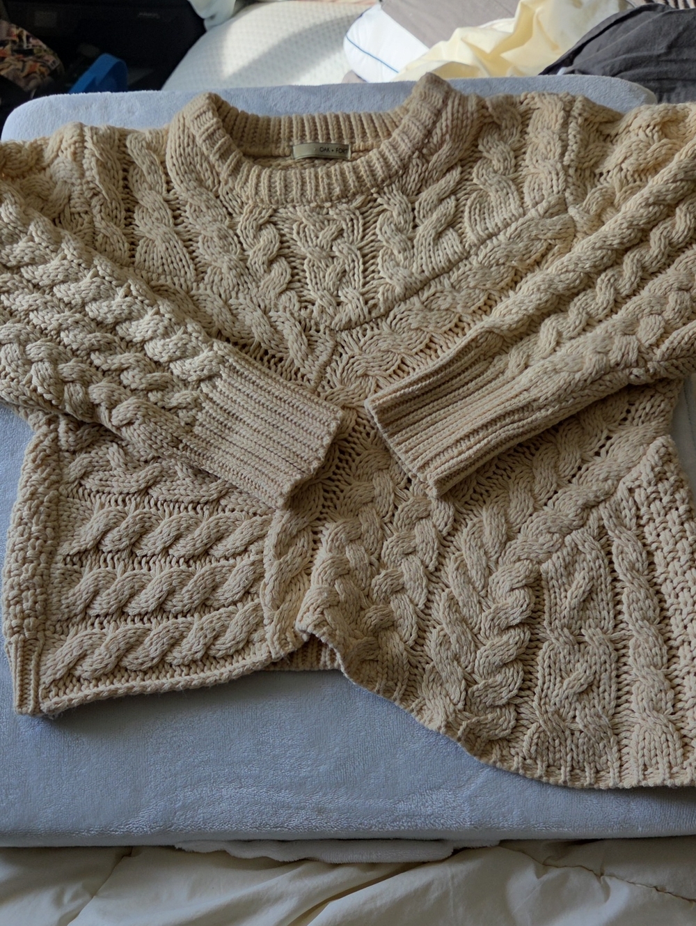 OAK + FORT UNIQUE Scalloped Crop Uneven Hem Cable Knit Crewneck Sweater PTP 22